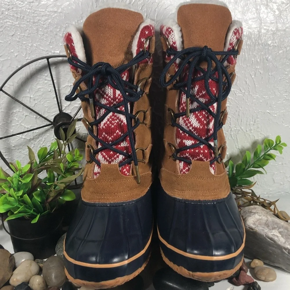 KHOMBU Sherpa Lined Duck Boots Sweater Print Lace Up Boots - Picture 1 of 16